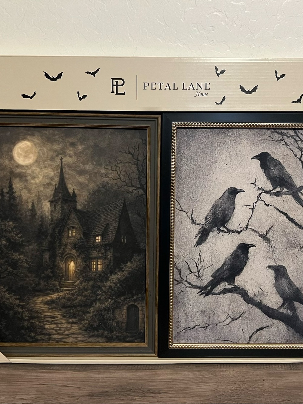 Petal Lane Haunted House w/ Ghost & Black Crows Gothic Halloween Wall Art 2pcs